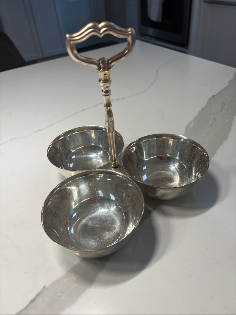 Three-Compartment Silver Plated Serving Dish with Handle